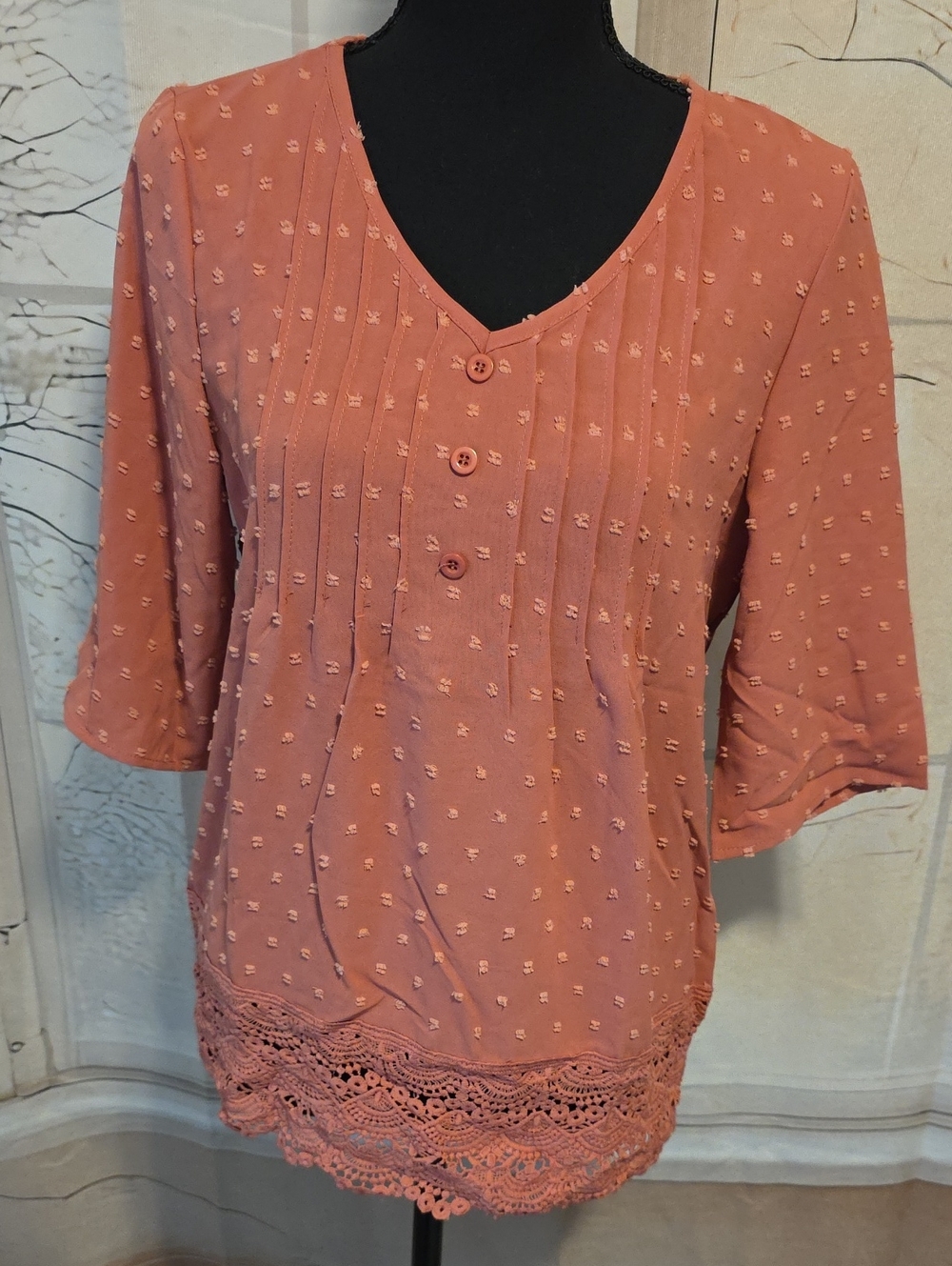 Kohl's Rose-Mauve Pintuck Button V-Neck Blouse with Lace Hem